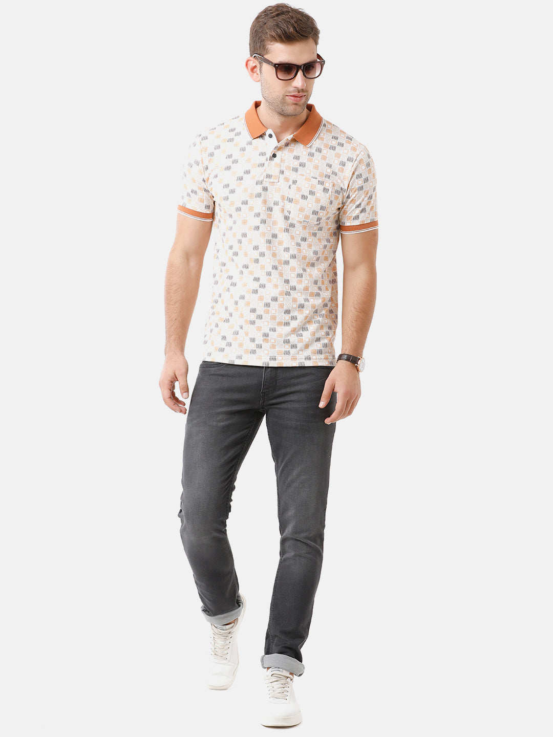 Classic Polo Mens Cotton Printed Half Sleeve Slim Fit Polo Neck Beige Color T-Shirt | Beau 173 A