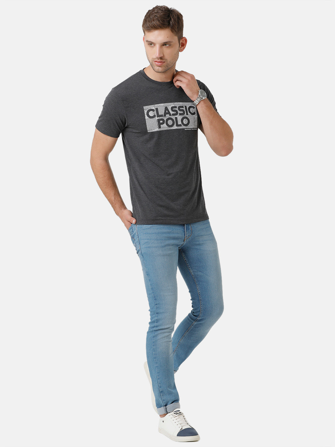 Classic Polo Mens Cotton Printed Half Sleeve Slim Fit Round Neck Black Color T-Shirt | Baleno 485