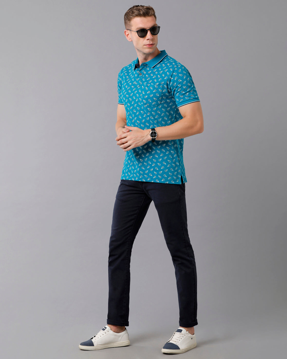 Classic Polo Men's Cotton Printed Half Sleeve Slim Fit Polo Neck Blue Color T-Shirt | Beau - 175 B