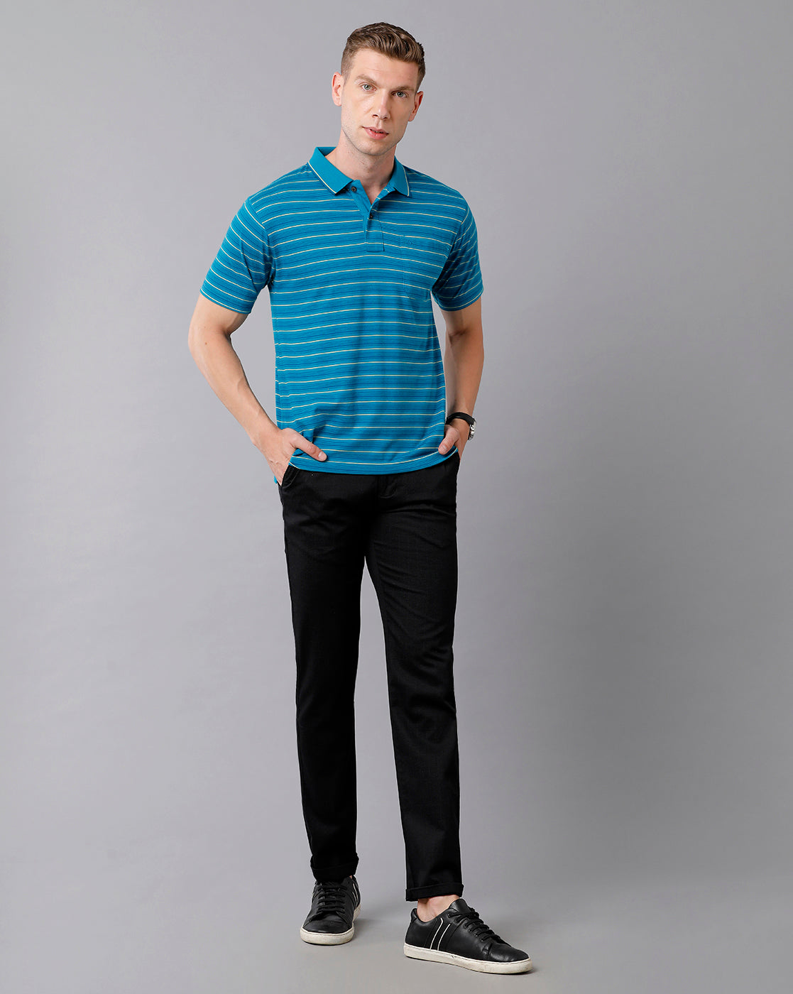 Classic Polo Men's Cotton Striped Half Sleeve Regular Fit Polo Neck Blue Color T-Shirt | Feeders - 206 A