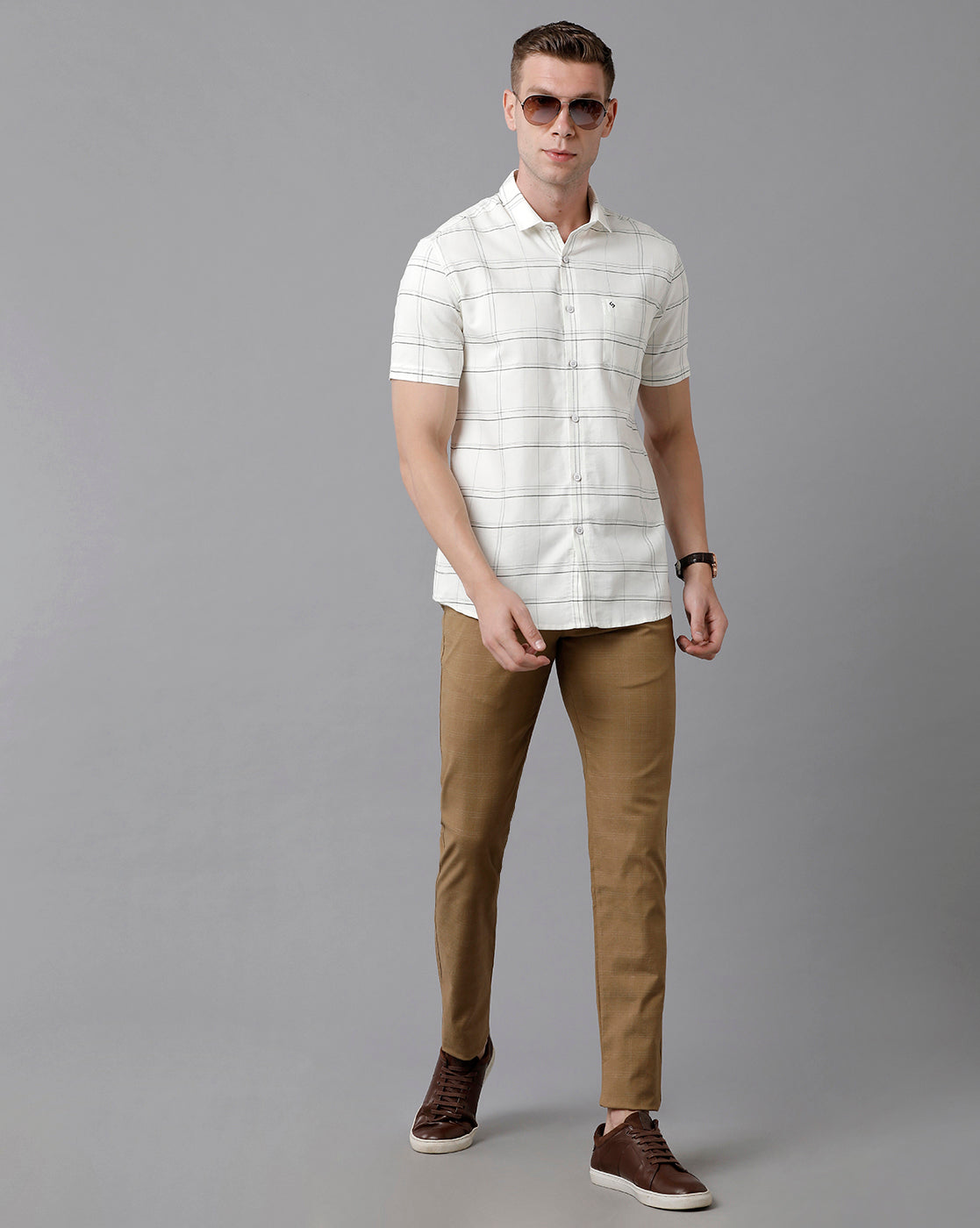 Classic Polo Men's Cotton Checked Half Sleeve Slim Fit Polo Neck White Color Woven Shirt | Sn2-118 A