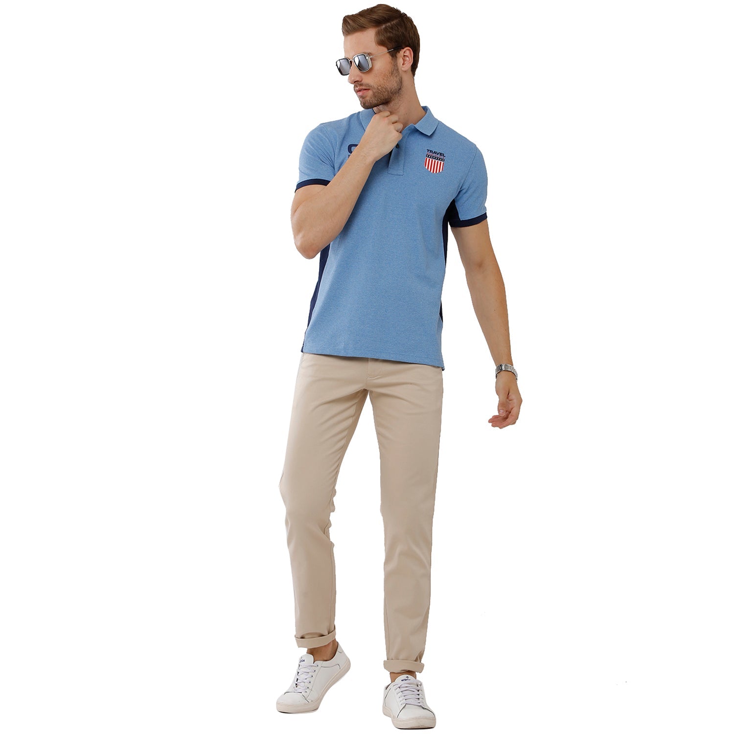 Classic Polo Mens 100% Cotton Color Block Slim Fit Blue Polo Neck T-Shirt -PRM 681 A T-shirt Classic Polo 
