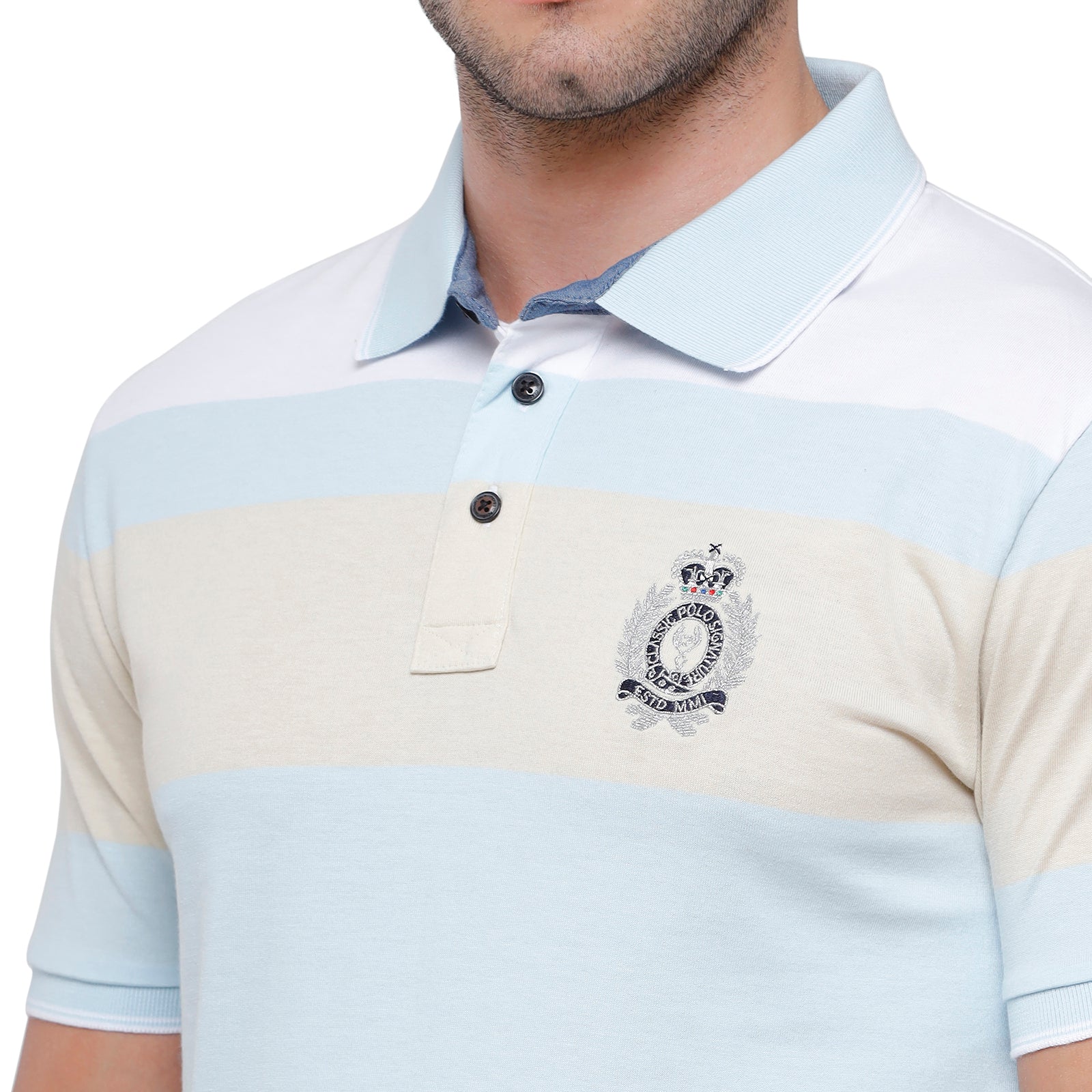 Classic Polo Mens Multi Blue Stripped Half Sleeve Slim Fit Polo Neck T-Shirt - Vta 182 B T-shirt Classic Polo 