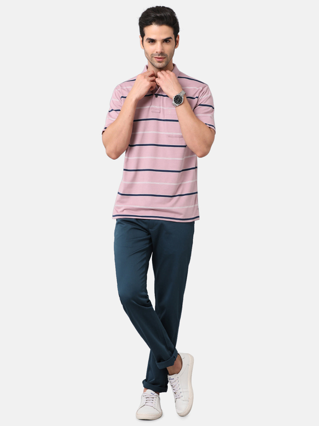 Classic Polo Mens Cotton Blend Striped Authentic Fit Polo Neck Pink Color T-Shirt | Avon 478b