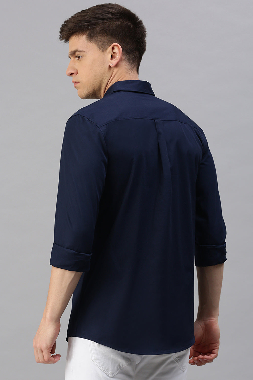 CP BRO Men's Cotton Full Sleeve Solid Slim Fit Polo Neck Navy Color Woven Shirt | Sbo1-58 B