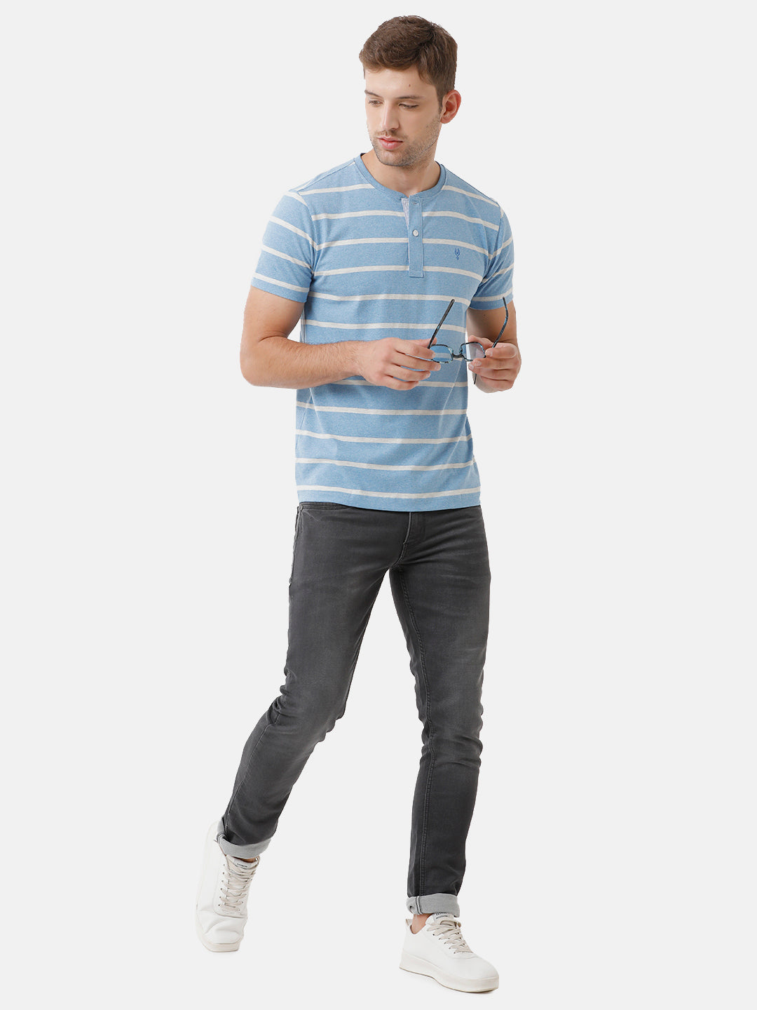Classic Polo Mens Cotton Striped Half Sleeve Slim Fit Round Neck Sky Blue Color T-Shirt | Baleno 405 B