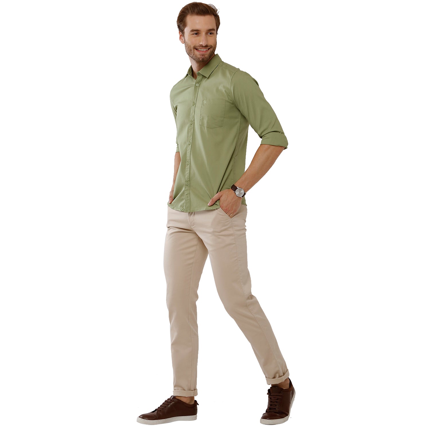 Classic Polo Bro Mens 100% Cotton Solid Full Sleeve Slim Fit Polo Neck Green Color Woven Shirt (SBN1-70 C-FS-SLD-BSL) Classic Polo 