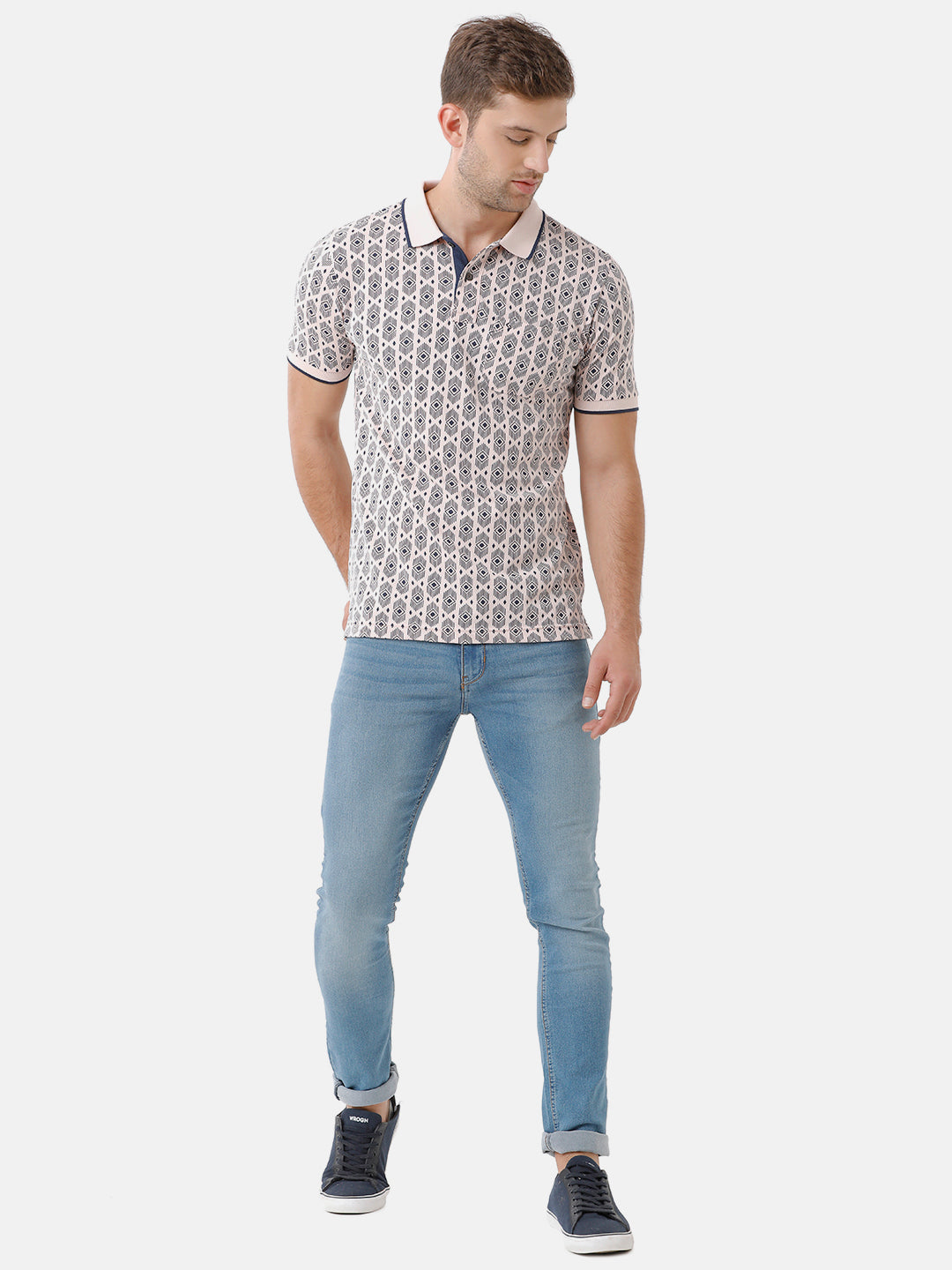 Classic Polo Mens Cotton Half Sleeve Printed Slim Fit Polo Neck Off White Color T-Shirt | Beau 171 A