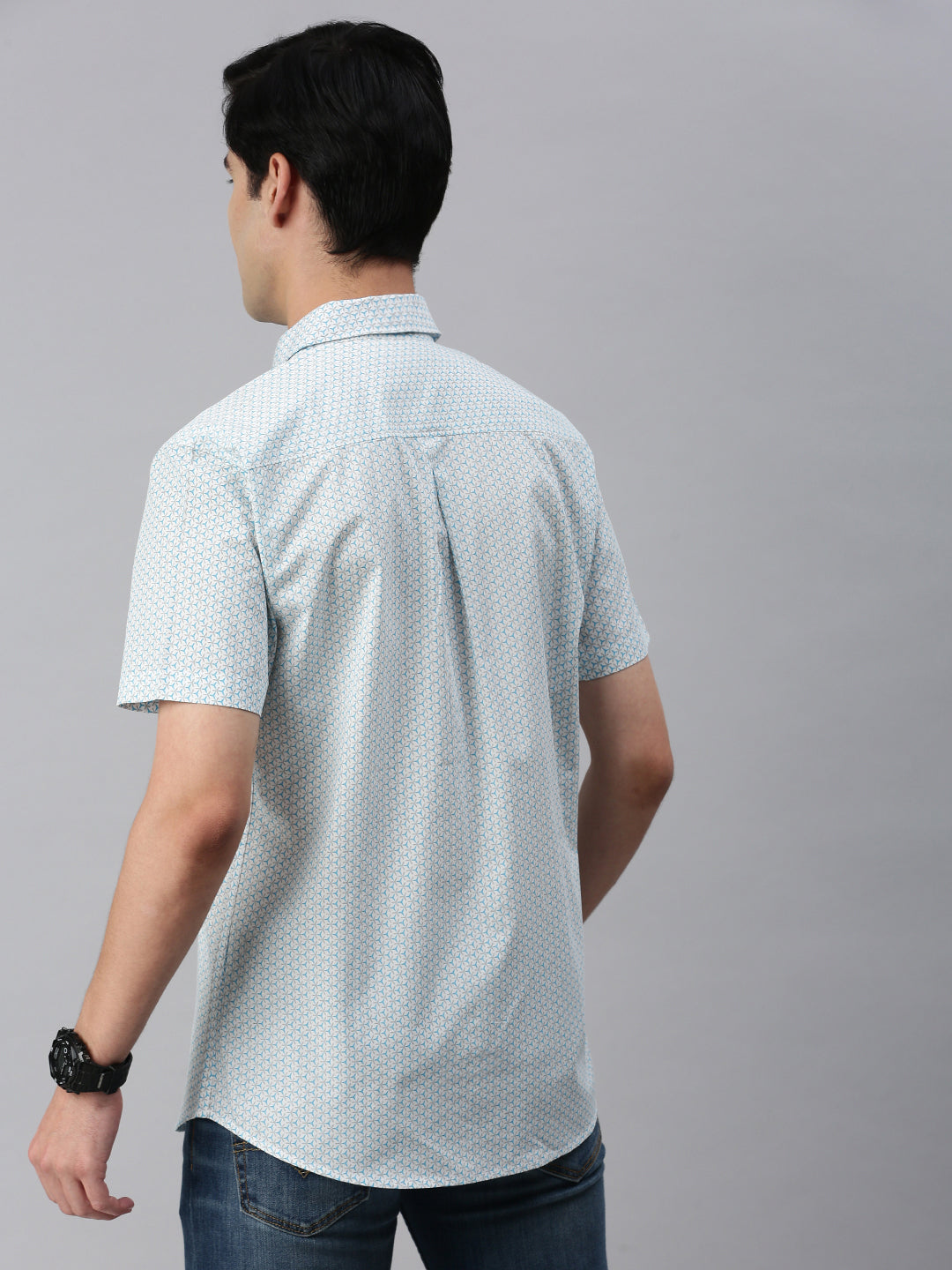 Classic Polo Men's Cotton Half Sleeve Printed Slim Fit Collar Neck Light Blue Color Woven Shirt | So1-147 B