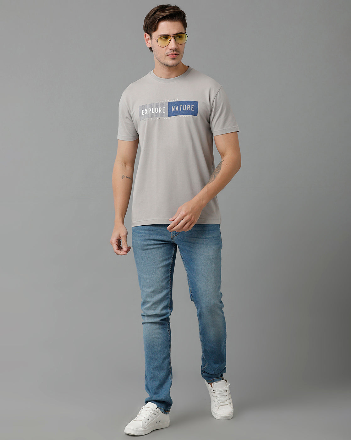 Classic Polo Men's Cotton Half Sleeve Printed Slim Fit Round Neck Grey Color T-Shirt | Baleno - 496 B