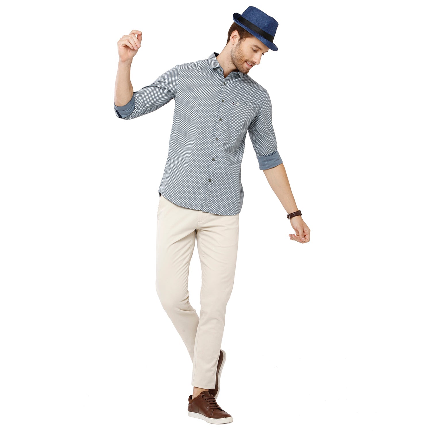 Classic Polo Mens 100% Cotton Full Sleeve Printed Slim Fit Grey Color Woven Shirt -SN1-56 A Classic Polo 
