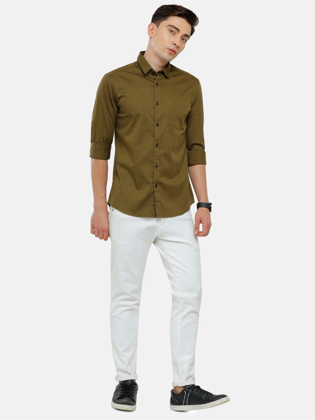 Classic Polo Men's Cotton Olive Solid Full Sleeve Shirt - Zeus Olive