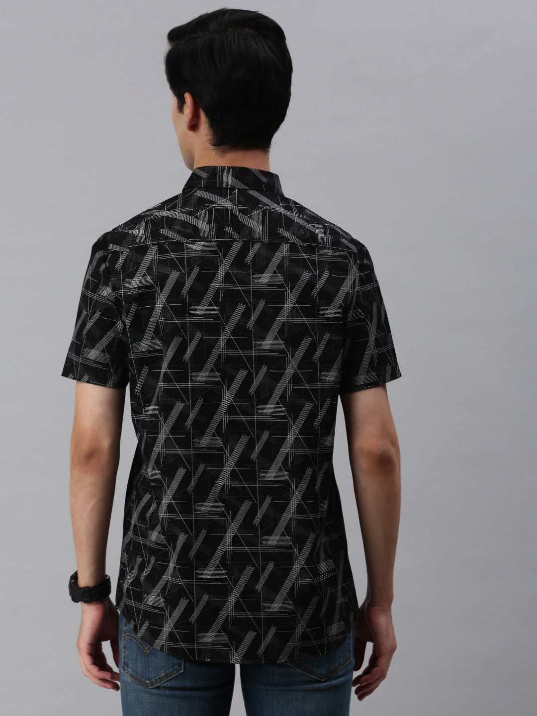 Classic Polo Men's Cotton Half Sleeve Printed Slim Fit Collar Neck Black Color Woven Shirt | So1-10 B