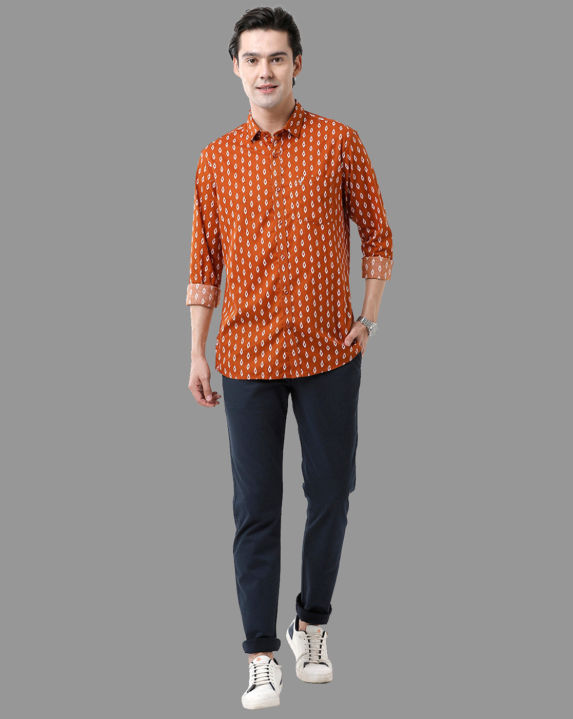 Classic Polo Mens Cotton Full Sleeve Checked Slim Fit Polo Neck Orange Color Woven Shirt | Sfd1-32 A