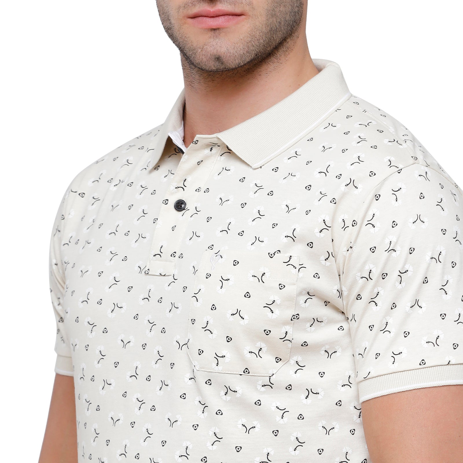Classic Polo Mens Printed Slim Fit Polo Cream Colour T-Shirt - Bello 166B T-shirt Classic Polo 