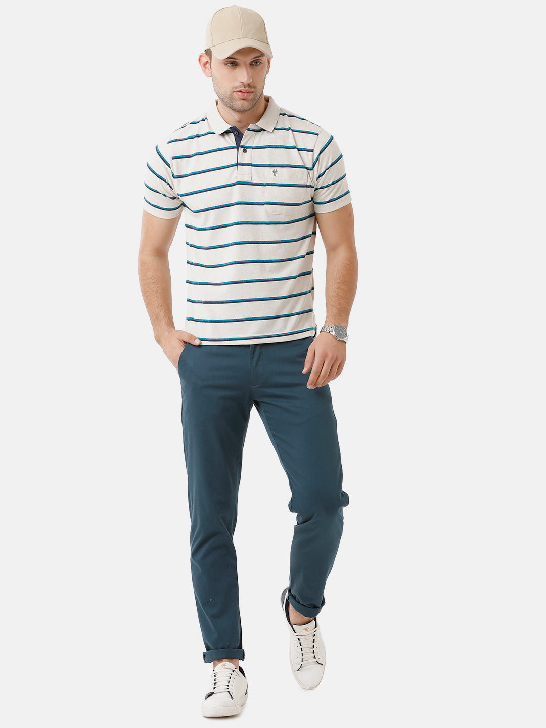 Classic Polo Mens Cotton Striped Half Sleeve Authentic Fit Polo Neck White Color T-Shirt | M.Flash 16