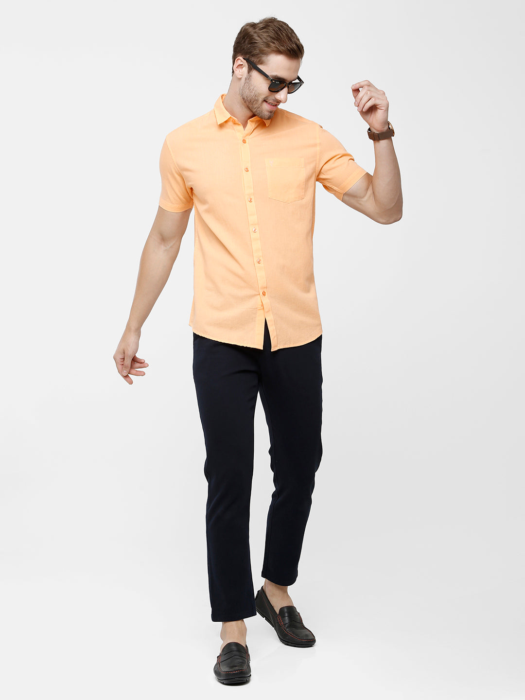 Classic Polo Mens Solid Milano Fit Woven Shirt -Mica Orange HS Shirts Classic Polo 