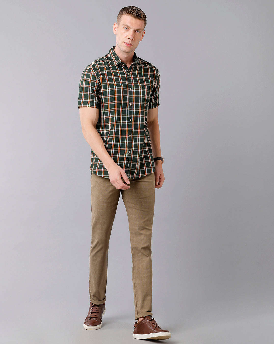Classic Polo Men's Cotton Checked Half Sleeve Slim Fit Polo Neck Green Color Woven Shirt | Sn2-116 A