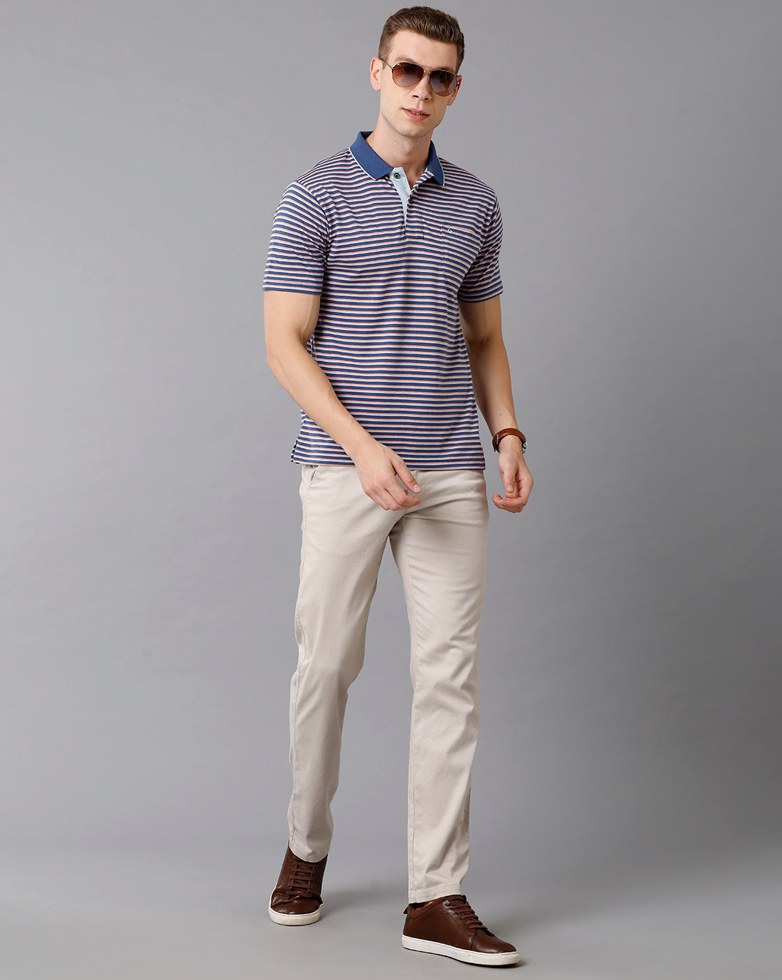 Classic Polo Men's Cotton Striped Authentic Fit Blue T-Shirt | Feeders - 203 A