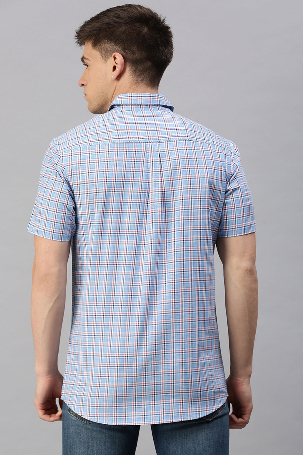 Classic Polo Men's Cotton Half Sleeve Checked Slim Fit Polo Neck Blue Color Woven Shirt | So1-66 B