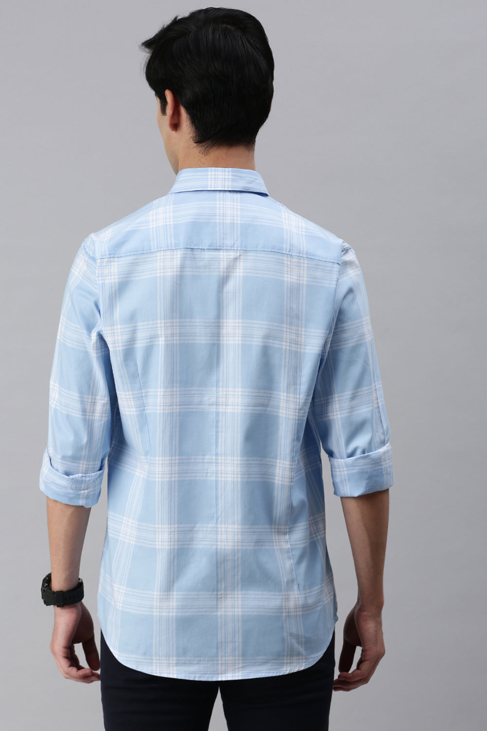 Classic Polo Men's Cotton Full Sleeve Checked Slim Fit Polo Neck Light Blue Color Woven Shirt | So1-46 A