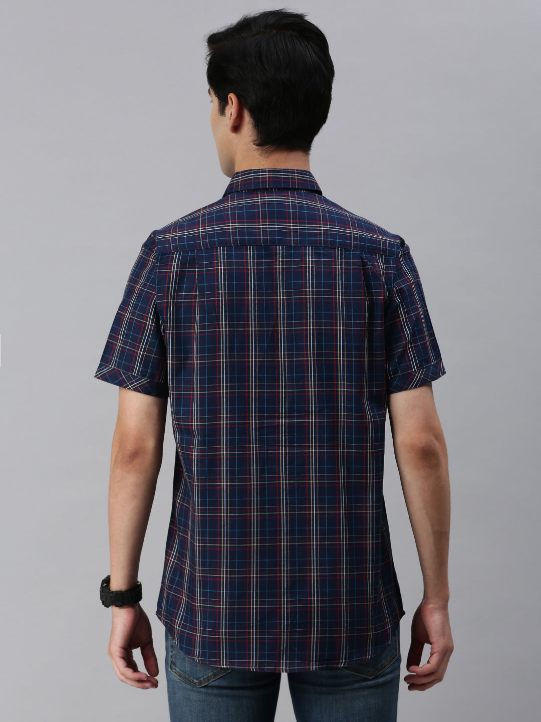 Classic Polo Men's Cotton Half Sleeve Checked Slim Fit Collar Neck Navy Blue Color Woven Shirt | So1-97 B