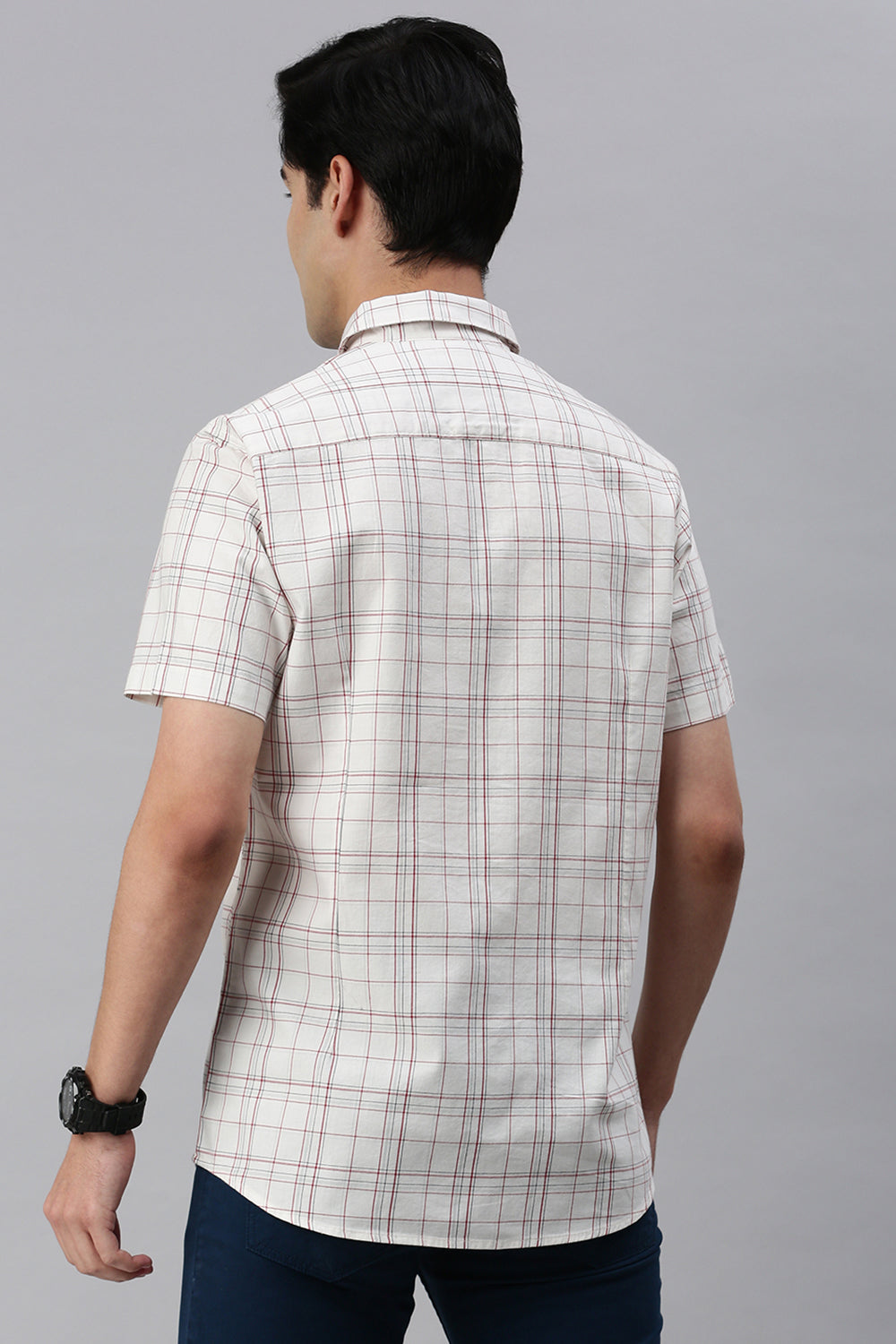 Classic Polo Men's Cotton Half Sleeve Checked Slim Fit Polo Neck Cream Color Woven Shirt | So1-96 A