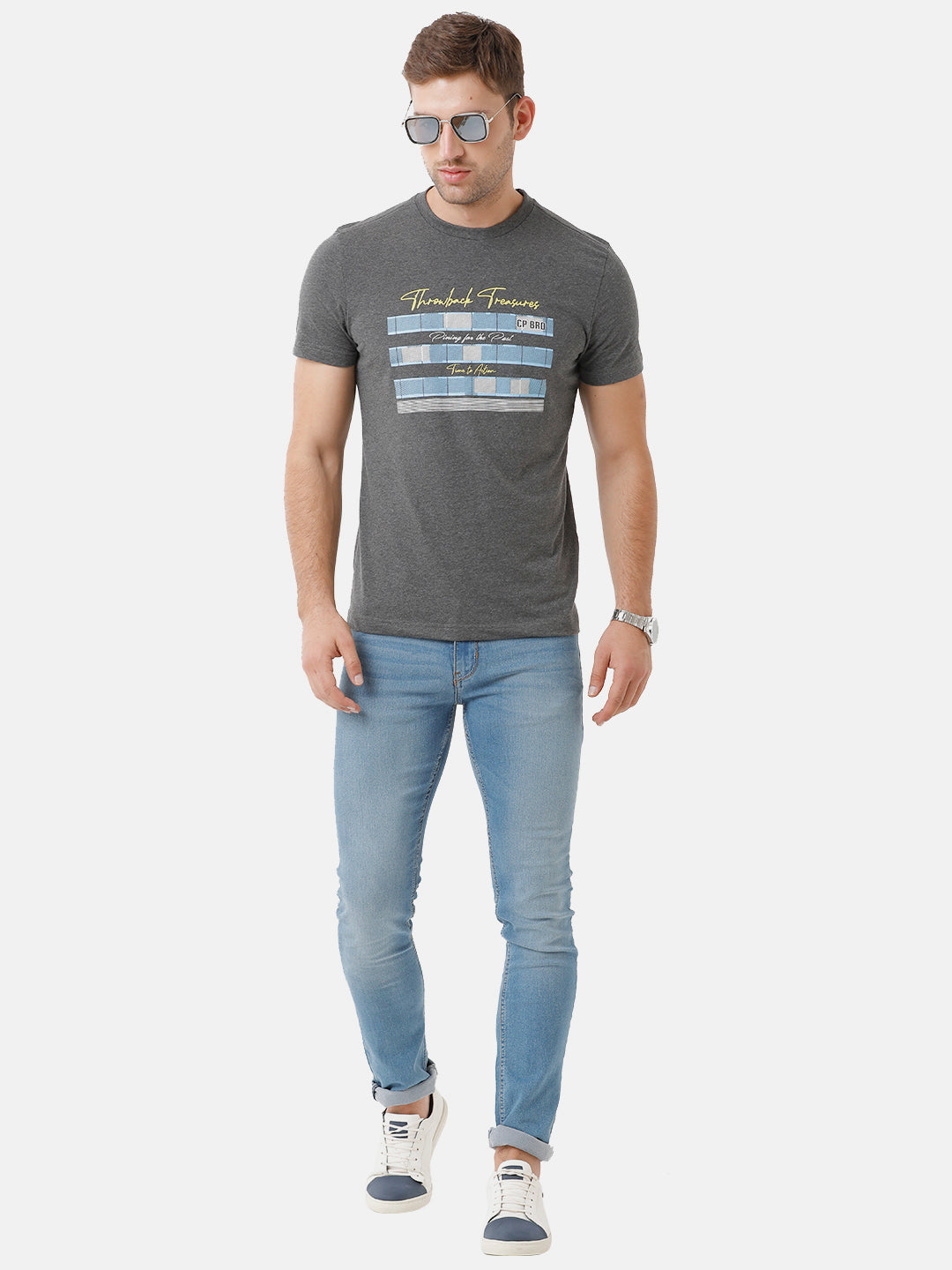CP BRO Men's Cotton Printed Half Sleeve Slim Fit Round Neck Dark Grey Color T-Shirt | Brcn 501
