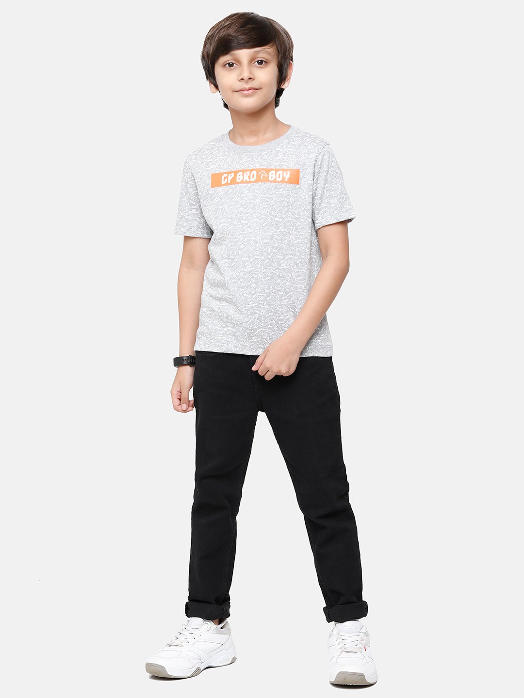 CP Boys Grey Blend Printed Slim Fit Round Neck T-Shirt T-shirt Classic Polo 