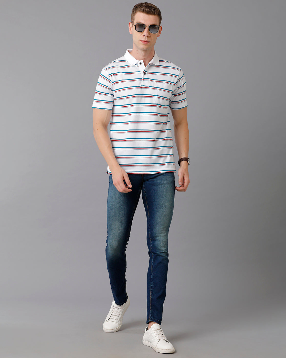 Classic Polo Men's Cotton Blend Striped Authentic Fit White T-Shirt | Avon - 495 A