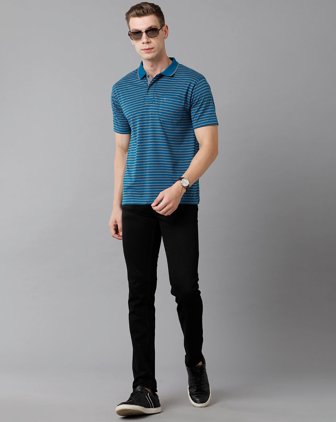 Classic Polo Men's Cotton Striped Authentic Fit Blue T-Shirt | Feeders - 210 A