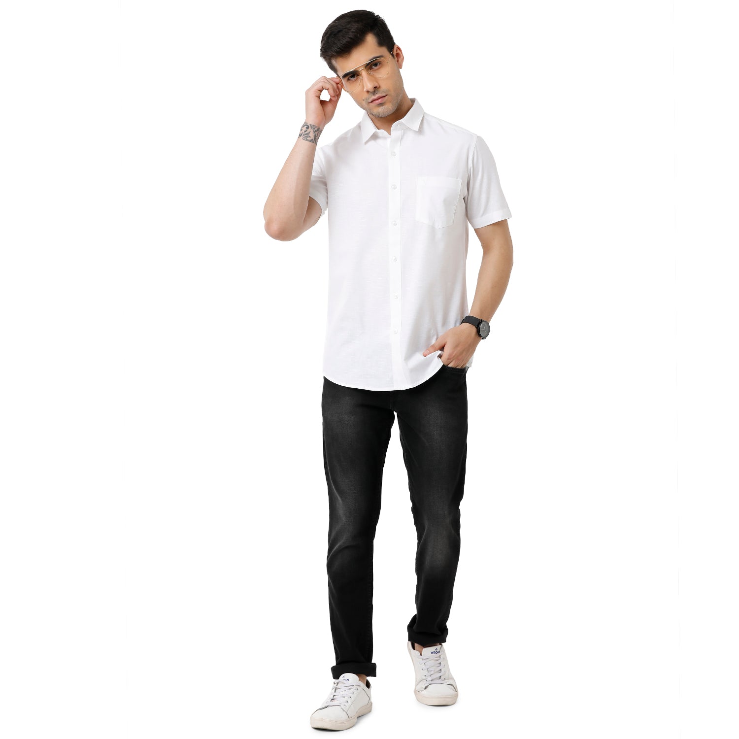 Classic Polo Mens 100% Cotton Solid Slim Fit Half Sleeve White Color Shirt - White-01 Shirts Classic Polo 