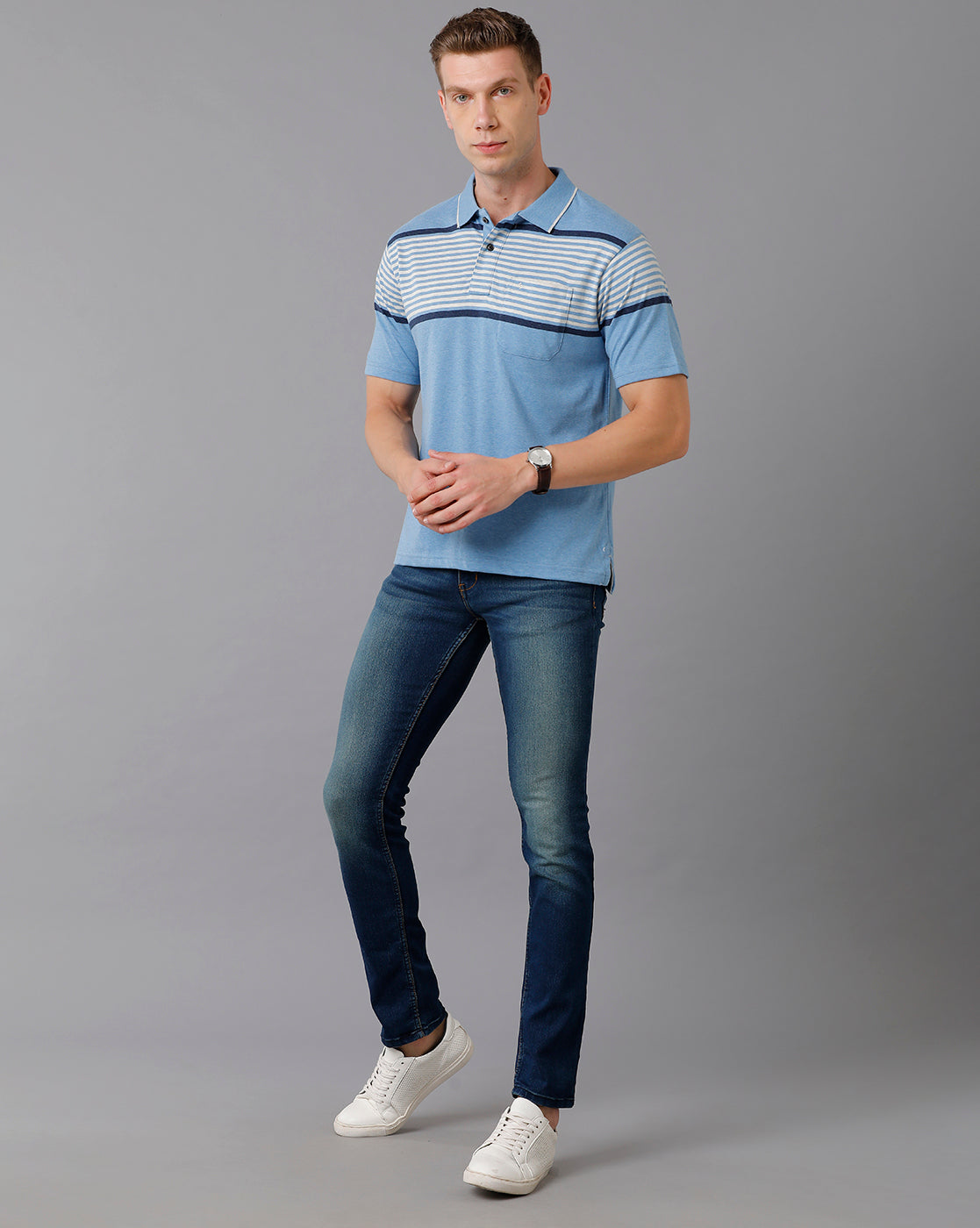 Classic Polo Men's Cotton Blend Striped Authentic Fit Sky Blue T-Shirt | Mel - 216 B