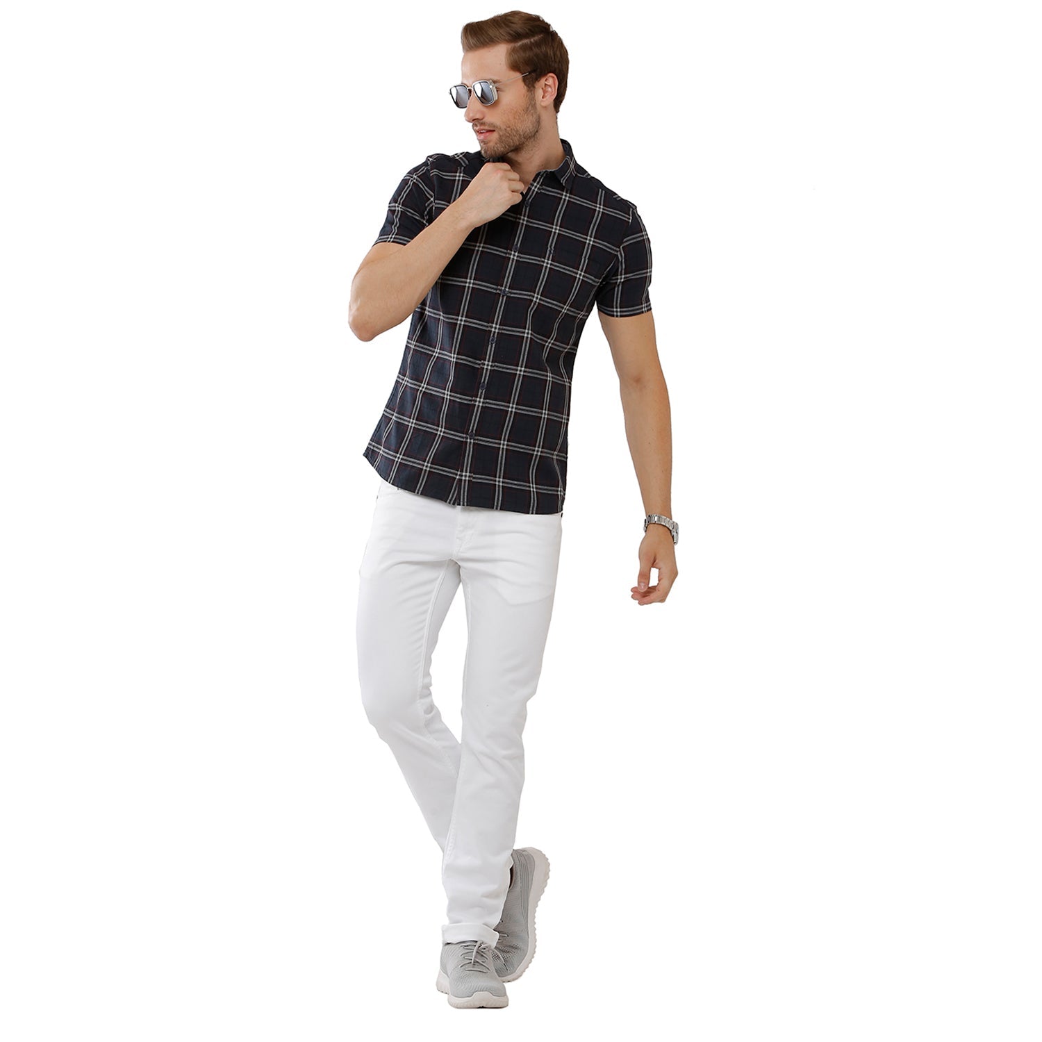 Classic Polo Bro Mens 100% Cotton Checked Half Sleeve Slim Fit Polo Neck Blue Color Woven Shirt (SBN1-68 A-HS-CHK-BSL) Classic Polo 
