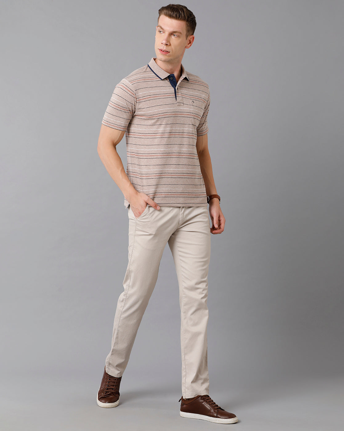 Classic Polo Men's Cotton Blend Striped Authentic Fit Grey T-Shirt | Mel - 215 A