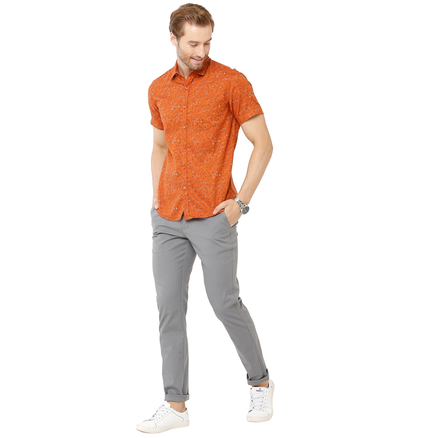 Classic Polo Mens 100% Cotton Printed Slim Fit Orange Color Woven Shirt - SN1-120 A Shirts Classic Polo 