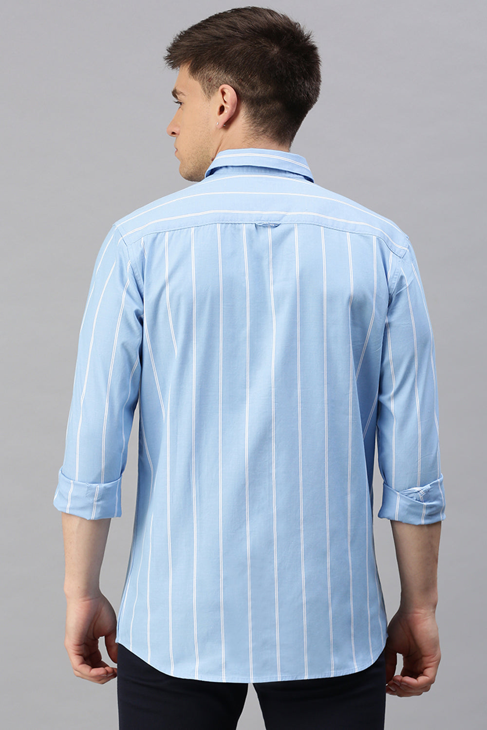 Classic Polo Men's Cotton Full Sleeve Striped Slim Fit Polo Neck Light Blue Color Woven Shirt | So1-39 B