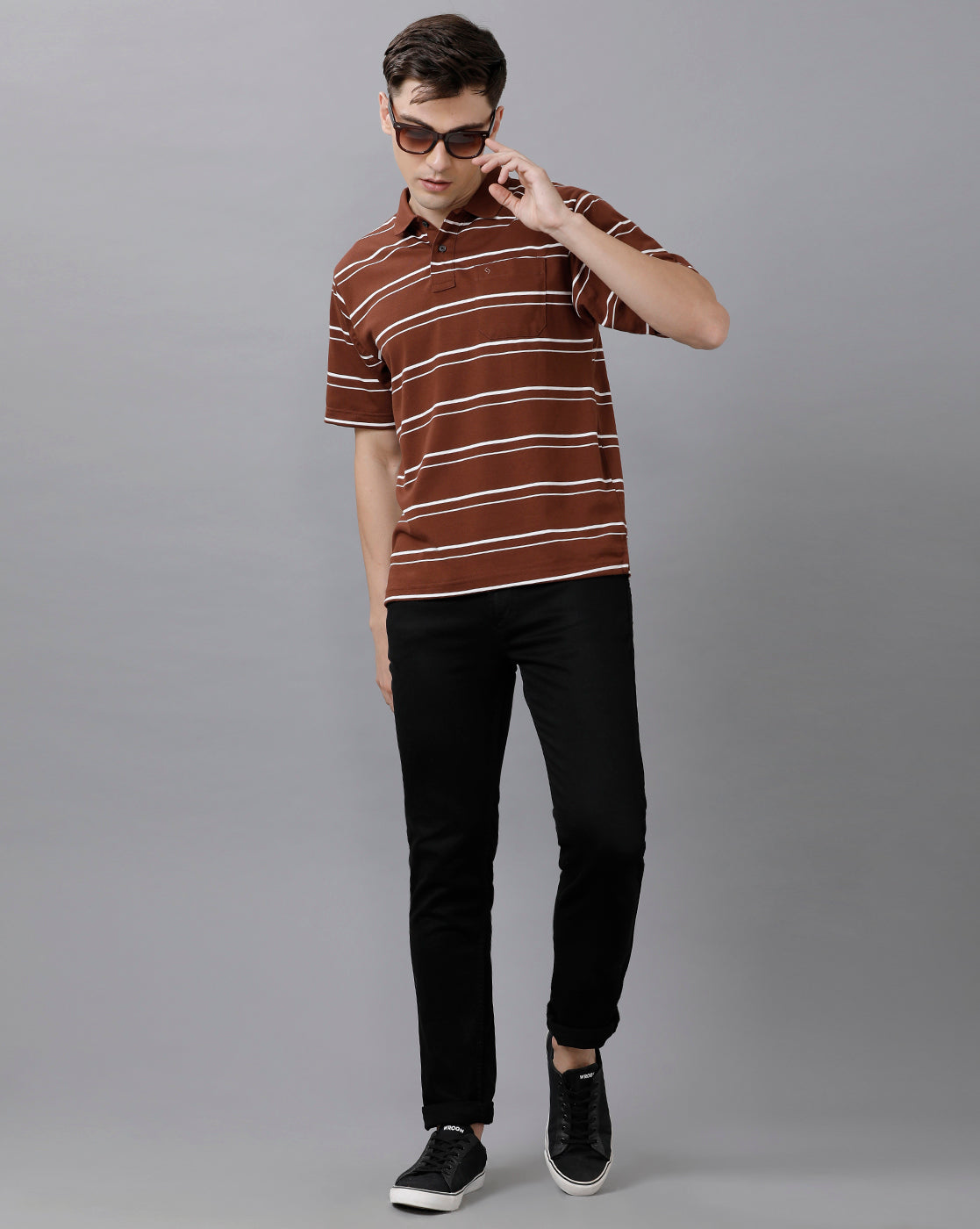 Classic Polo Mens Cotton Blend Striped Half Sleeve Authentic Fit Polo Neck Brown Color T-Shirt | Avon 497 B