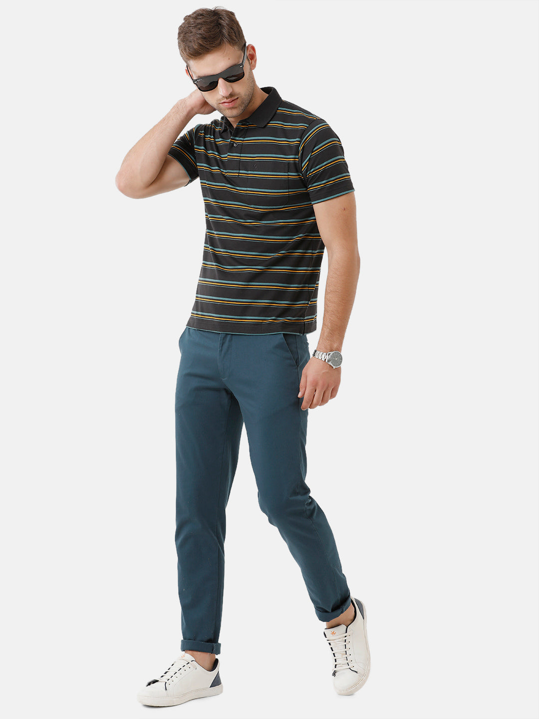 Classic Polo Mens Cotton Blend Half Sleeve Striped Authentic Fit Polo Neck Black Color T-Shirt | Avon 495 B