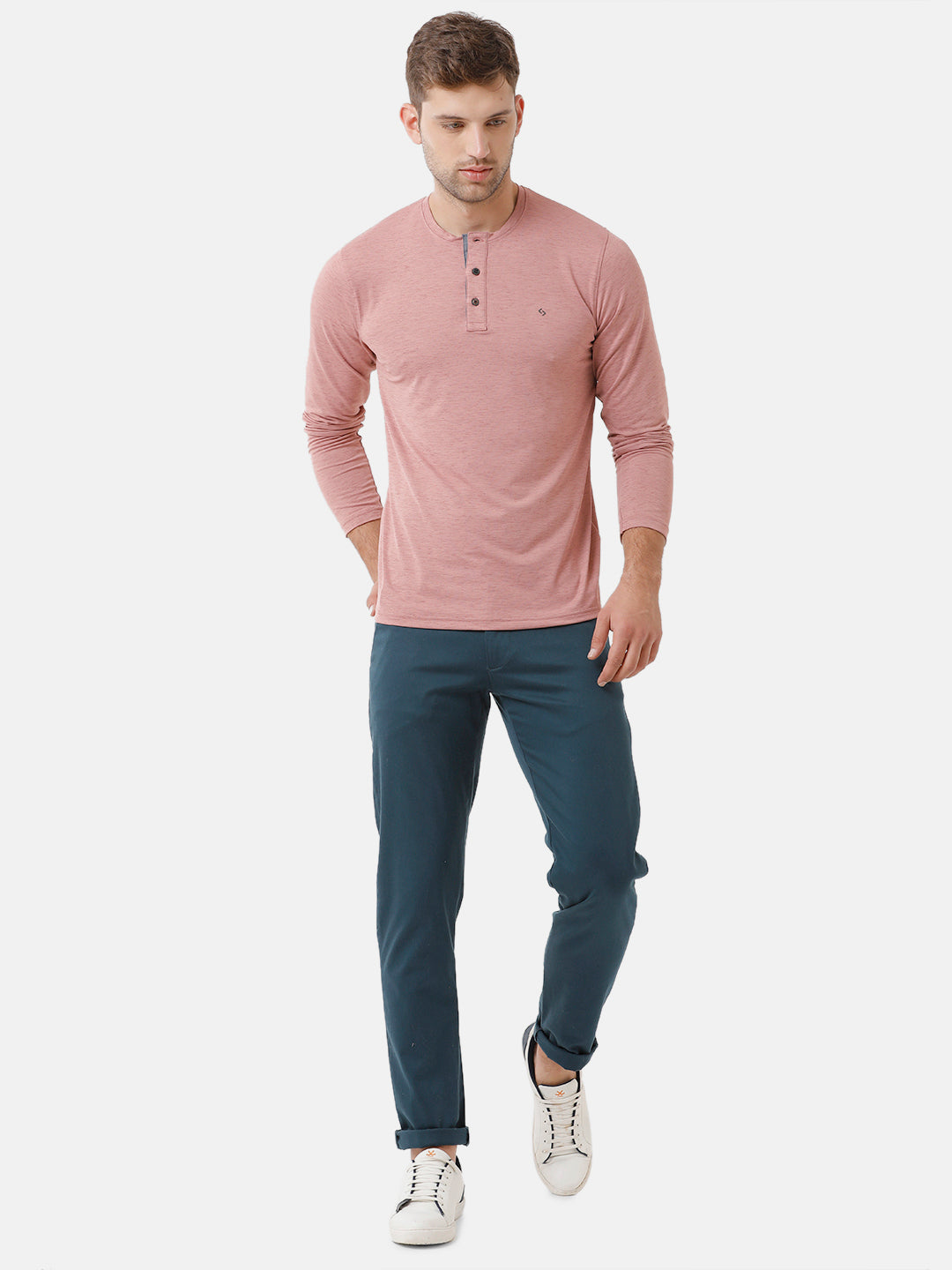 Classic Polo Mens Cotton Solid Full Sleeve Slim Fit Y Neck Peach Color T-Shirt | Verno 308 B