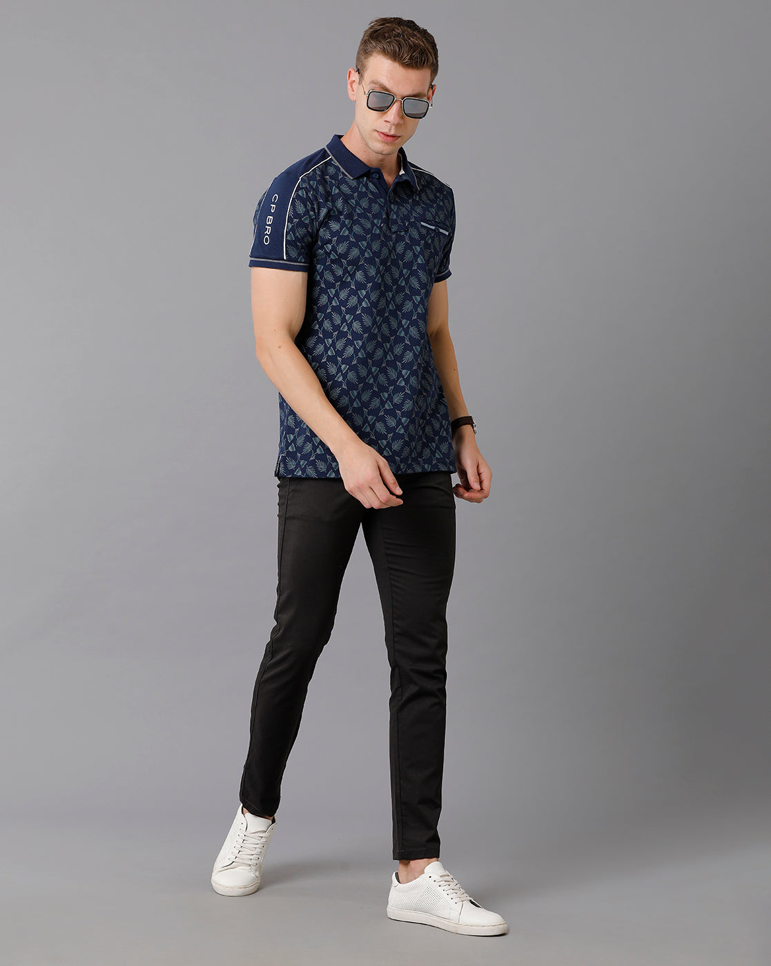 CP BRO Men's Cotton Printed Half Sleeve Slim Fit Polo Neck Navy Color T-Shirt | HS-BRP - 02 A