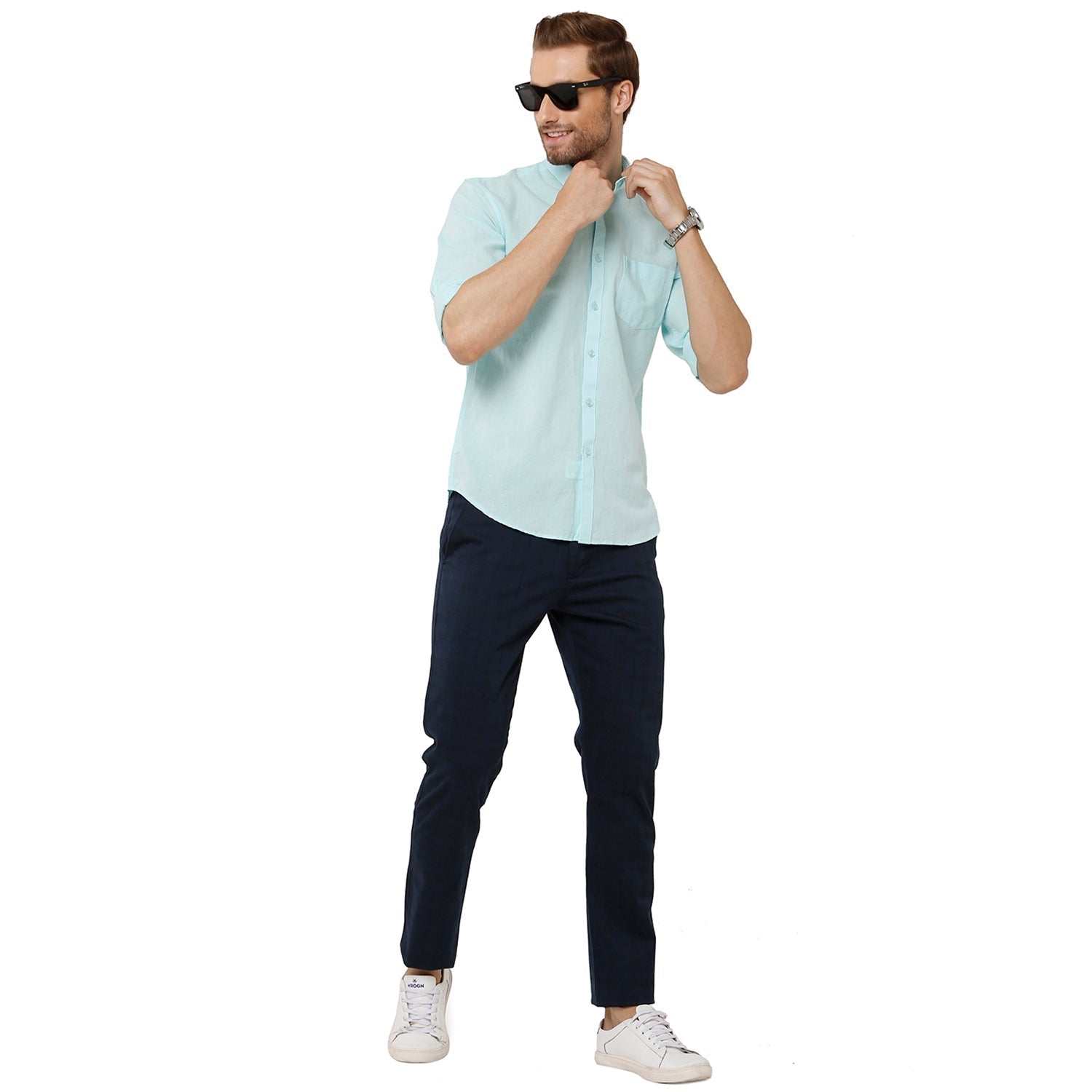 Classic Polo Mens 100% Cotton Solid Milono Fit Light Green Color Woven Shirt - Mica-L.Green FS Shirts Classic Polo 