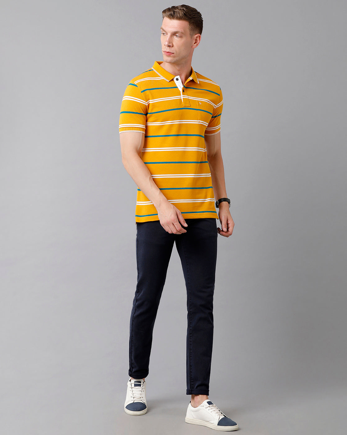 Classic Polo Men's Cotton Blend Striped Half Sleeve Slim Fit Polo Neck Yellow Color T-Shirt | Adore - 177 A
