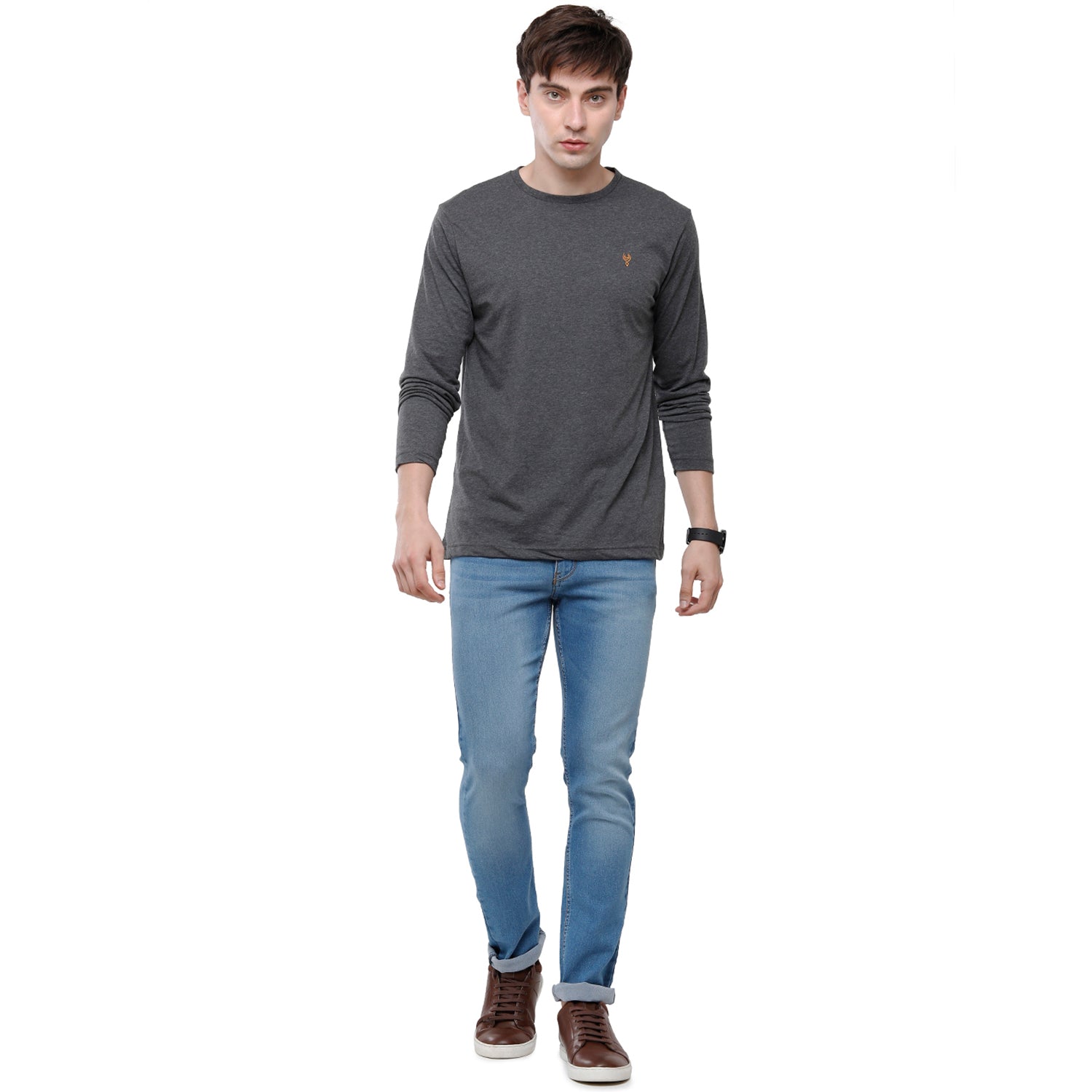 Classic polo Men's Grey Single Jersey Crew Neck Full Sleeve Slim Fit T-Shirt - Comet 03 T-shirt Classic Polo 