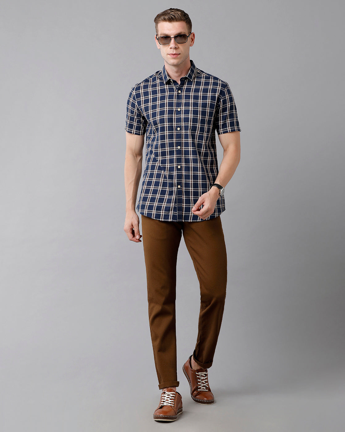 Classic Polo Men's Cotton Checked Half Sleeve Slim Fit Polo Neck Blue Color Woven Shirt | Sn2-116 B