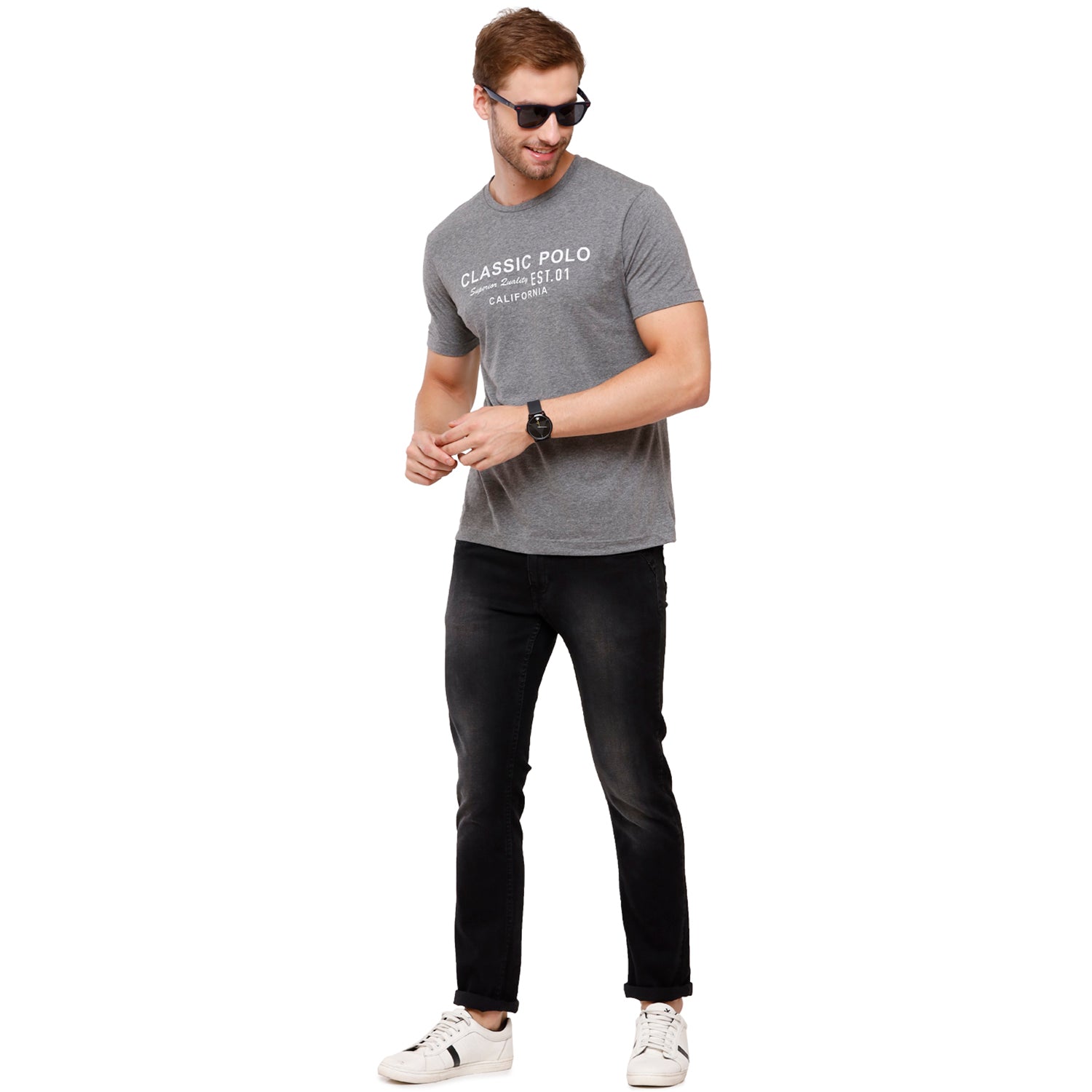 Classic Polo Mens Chest Print Half Sleeve Slim Fit Crew Neck T-Shirt (FLASH-RN-106 SF C) Shirts & Tops Classic Polo 