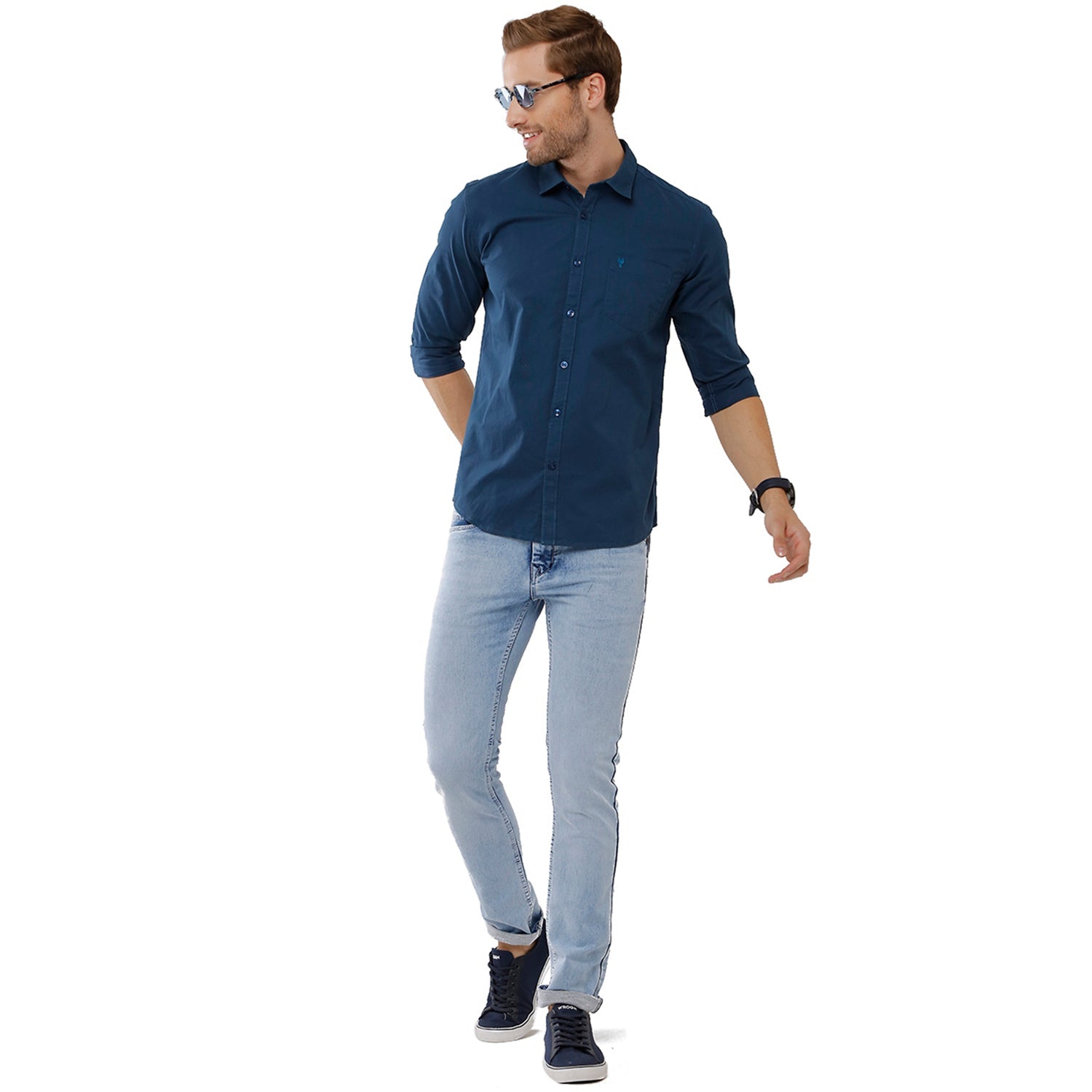 Classic Polo Mens 100% Cotton Solid Slim Fit Navy Blue Color Woven Shirt - SN1 115 E Shirts Classic Polo 