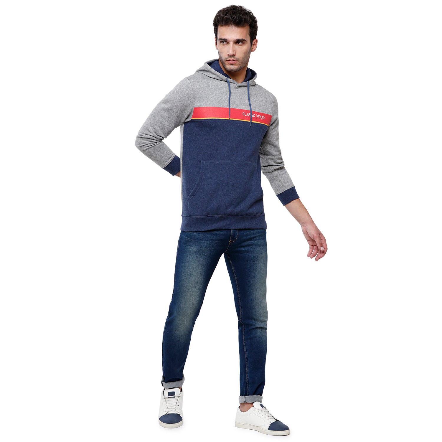 Classic Polo Men's Grey & Navy Color Block Full Sleeve Hoodie Sweat Shirt - CPSS - 334A Sweat Shirts Classic Polo 