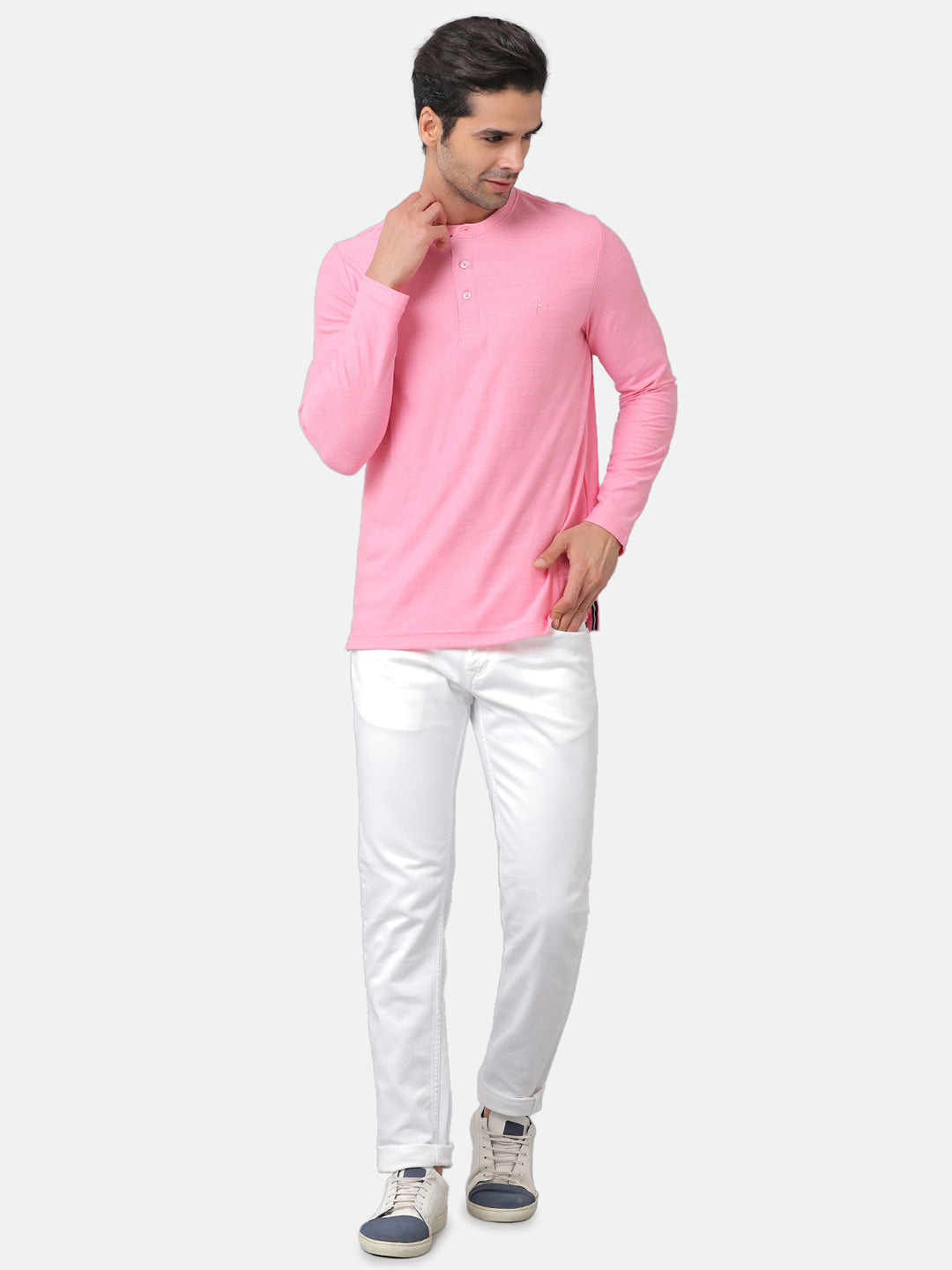 CP BRO Men's Cotton Solid Slim Fit Full Sleeve Round Neck Pink Color T-Shirt | Verno 312