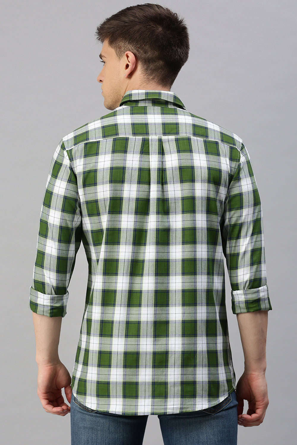 Classic Polo Men's Cotton Full Sleeve Checked Slim Fit Polo Neck Green Color Woven Shirt | So1-65 A